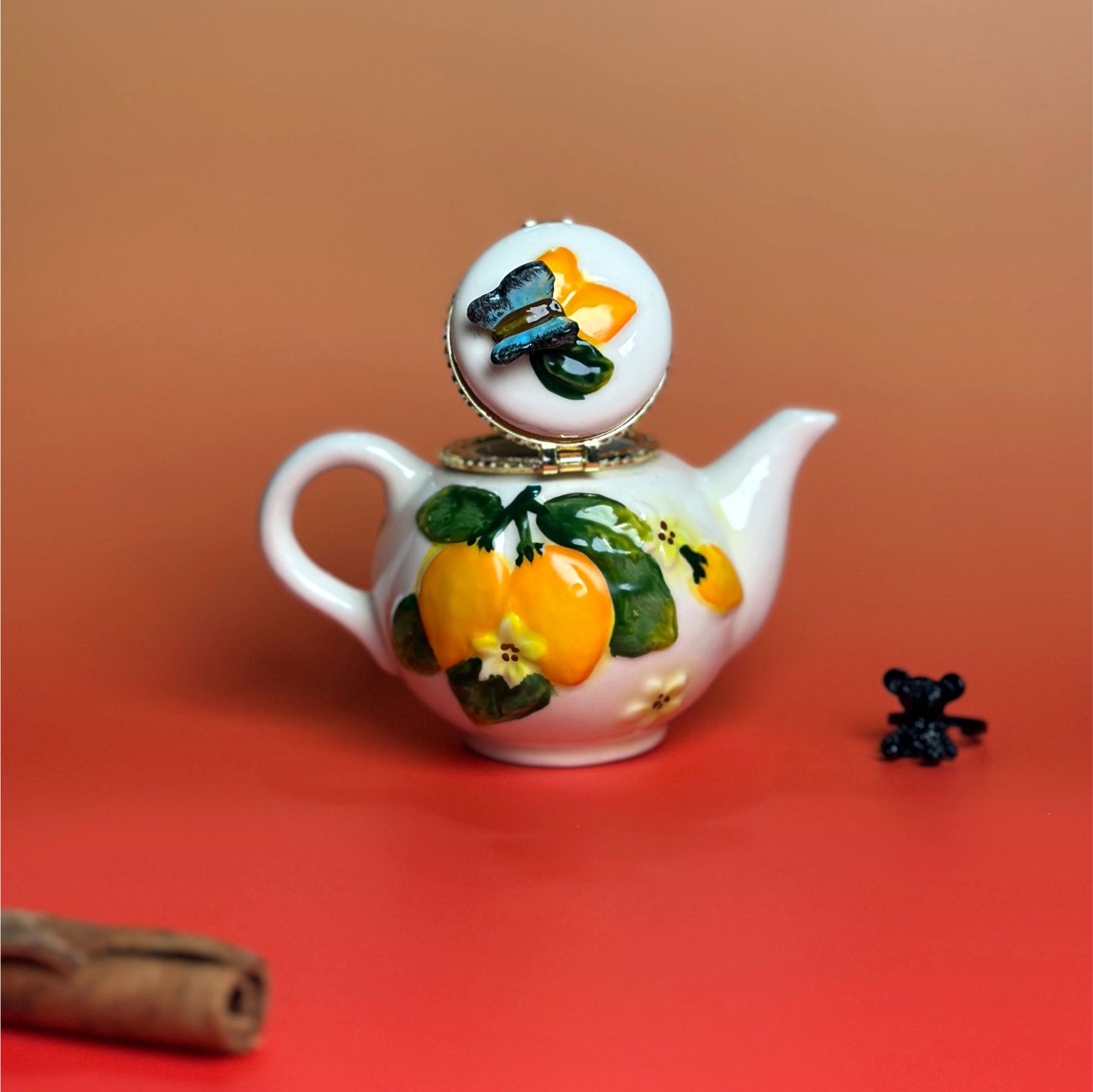 Lemon Butterfly Teapot Trinket Box