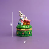 hand-painted ceramic bunny trinket box with size dimensions 3.5 inches tall and 2 inches wide