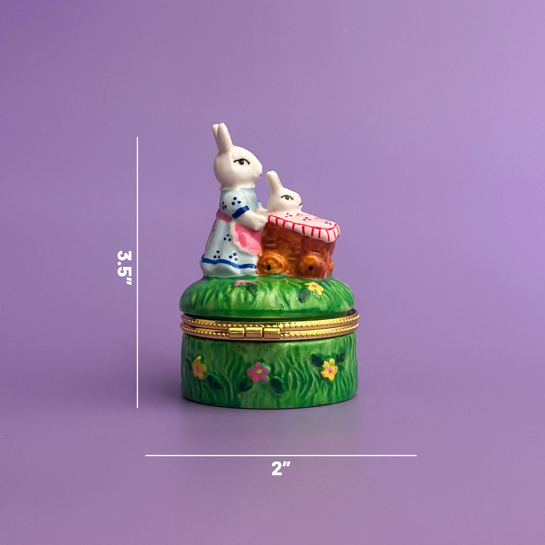 hand-painted ceramic bunny trinket box with size dimensions 3.5 inches tall and 2 inches wide