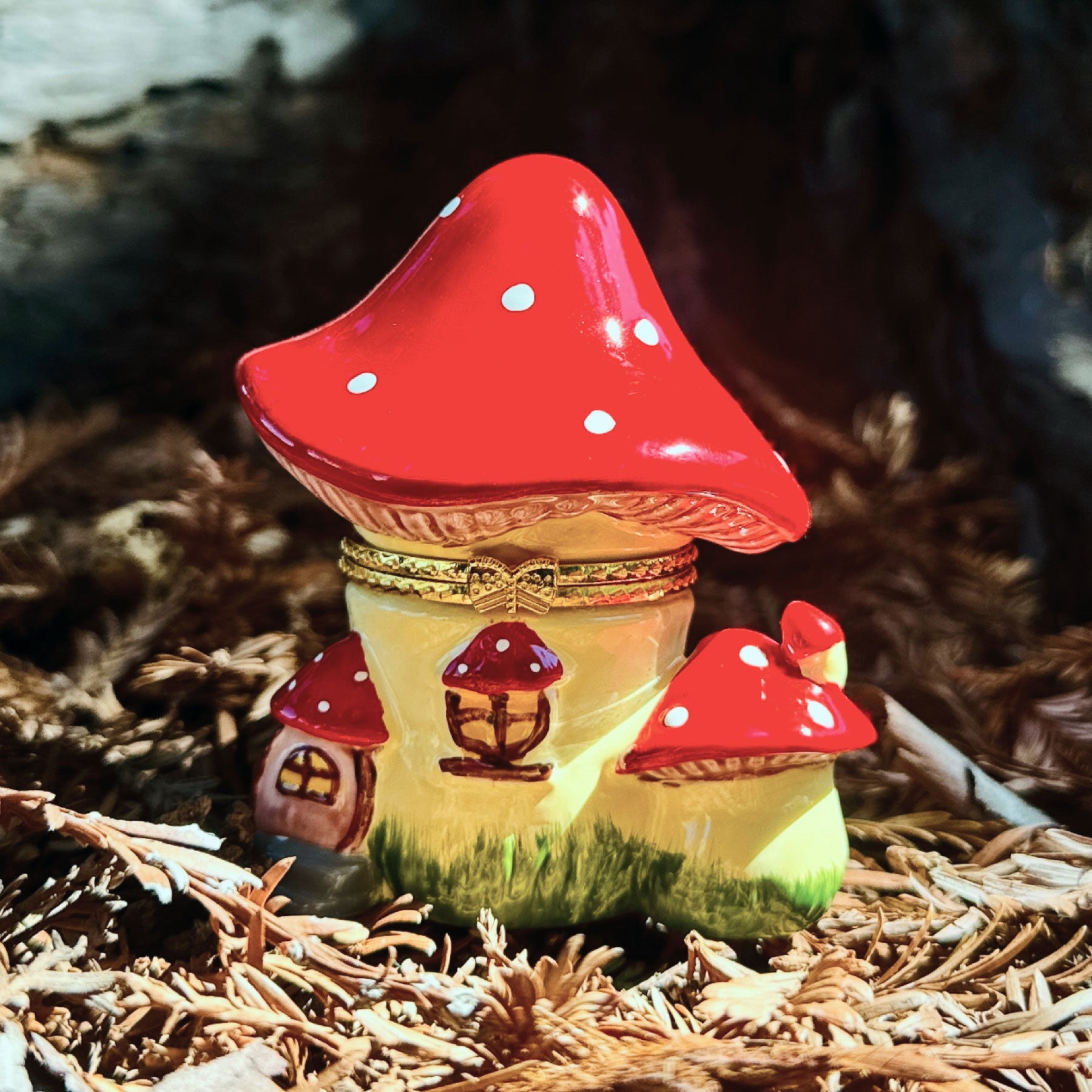 Mushroom Trinket Box in forest setting, hand-painted ceramic with whimsical design
