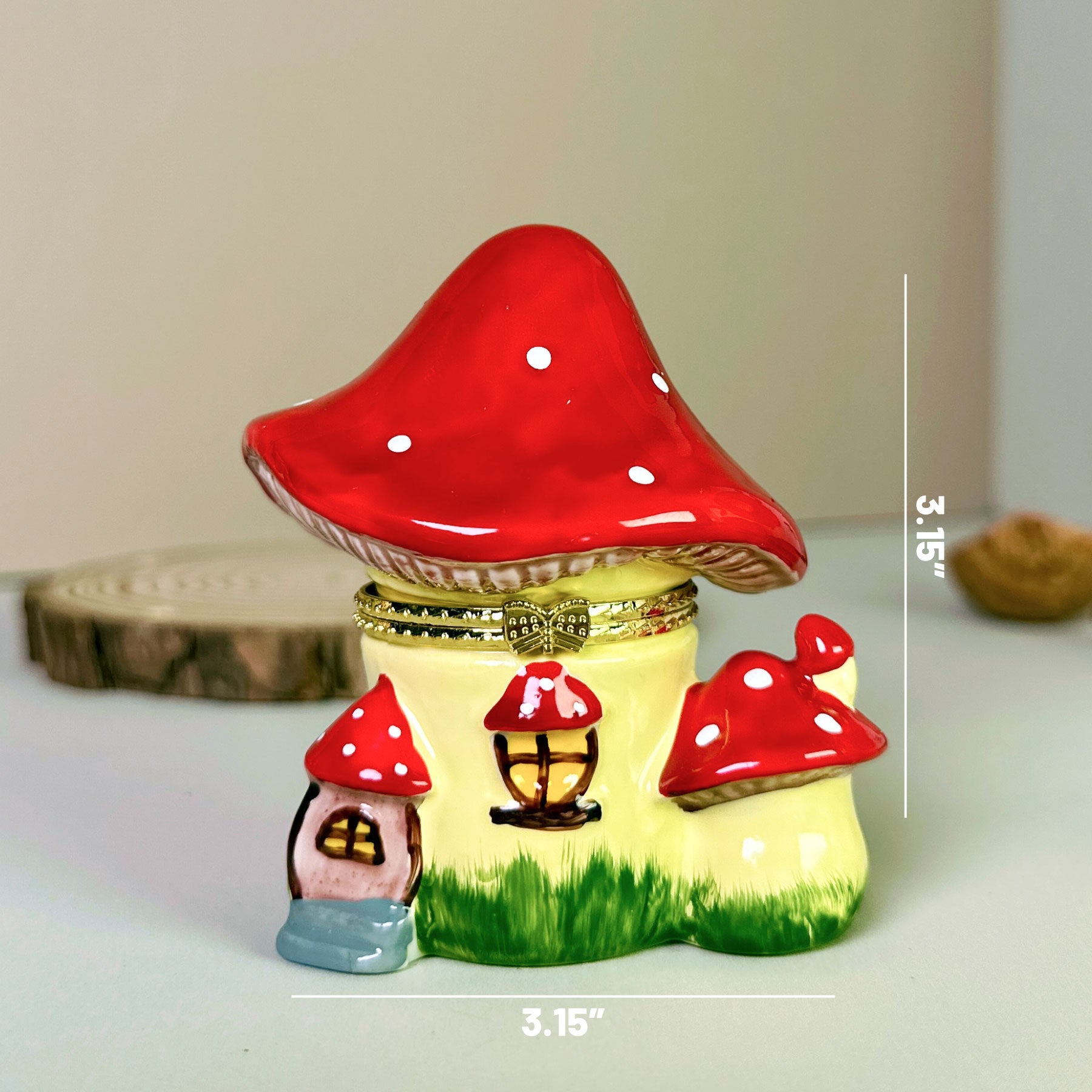 Mushroom Trinket Box with size chart showing dimensions 3.15 x 3.15 inches