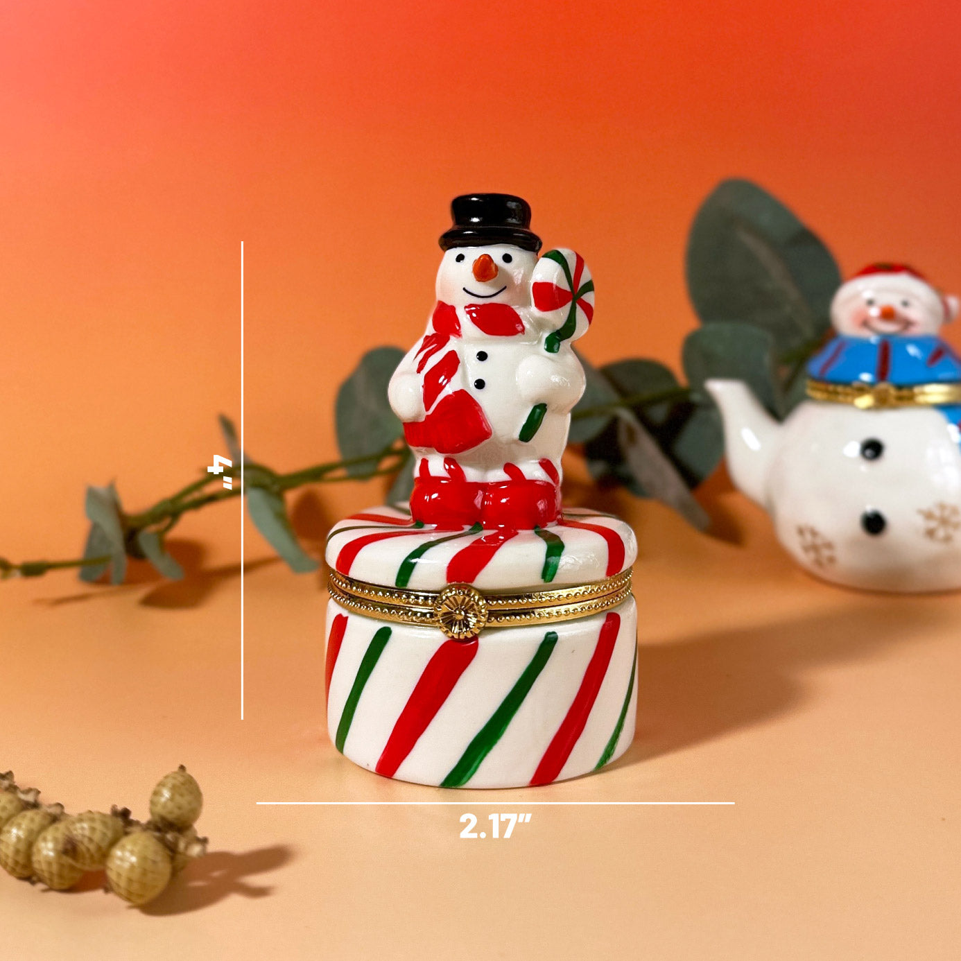 Hand-painted ceramic Snowman Trinket Box with red and green lollipop on candy cane, Christmas gift idea