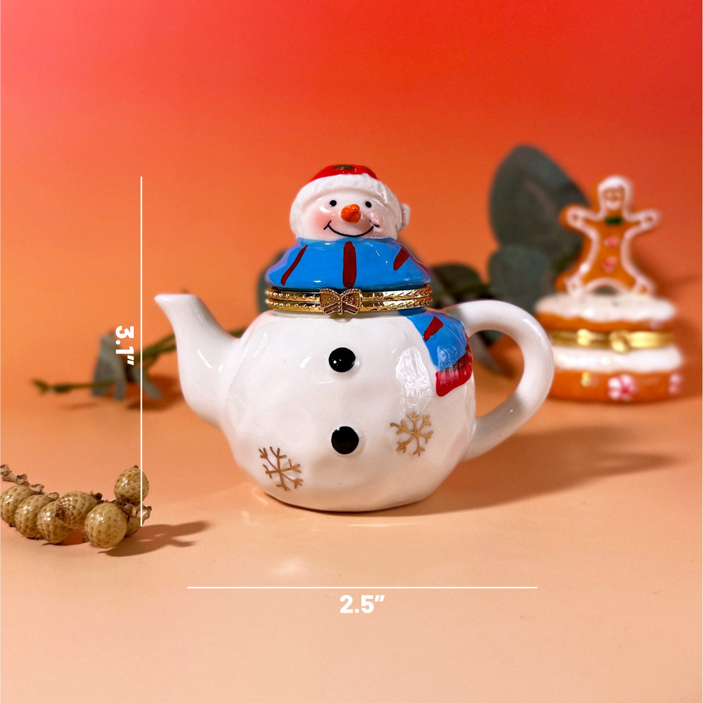 Hand-painted ceramic Snowman teapot Trinket Box with blue scarf and red hat, festive Christmas decoration